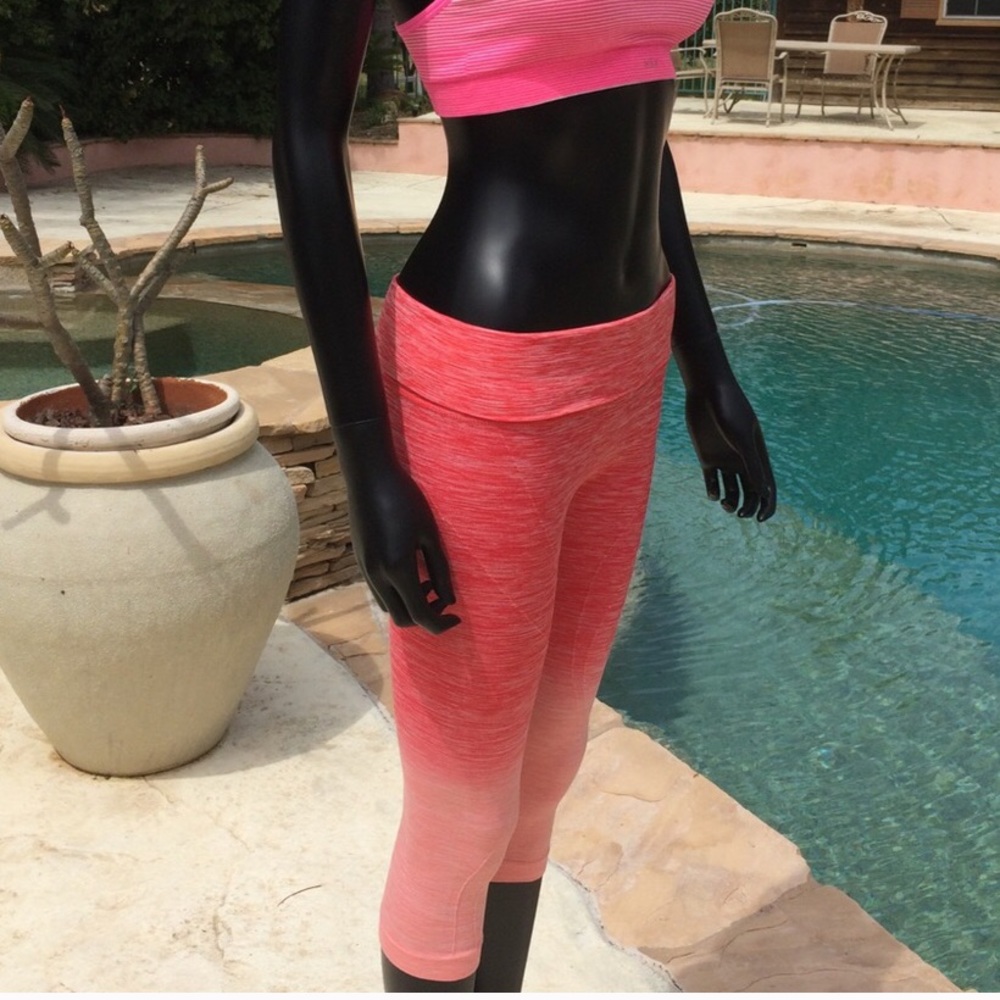 Crop Leggings Fold Over Waist Coral Ombre Activewear New